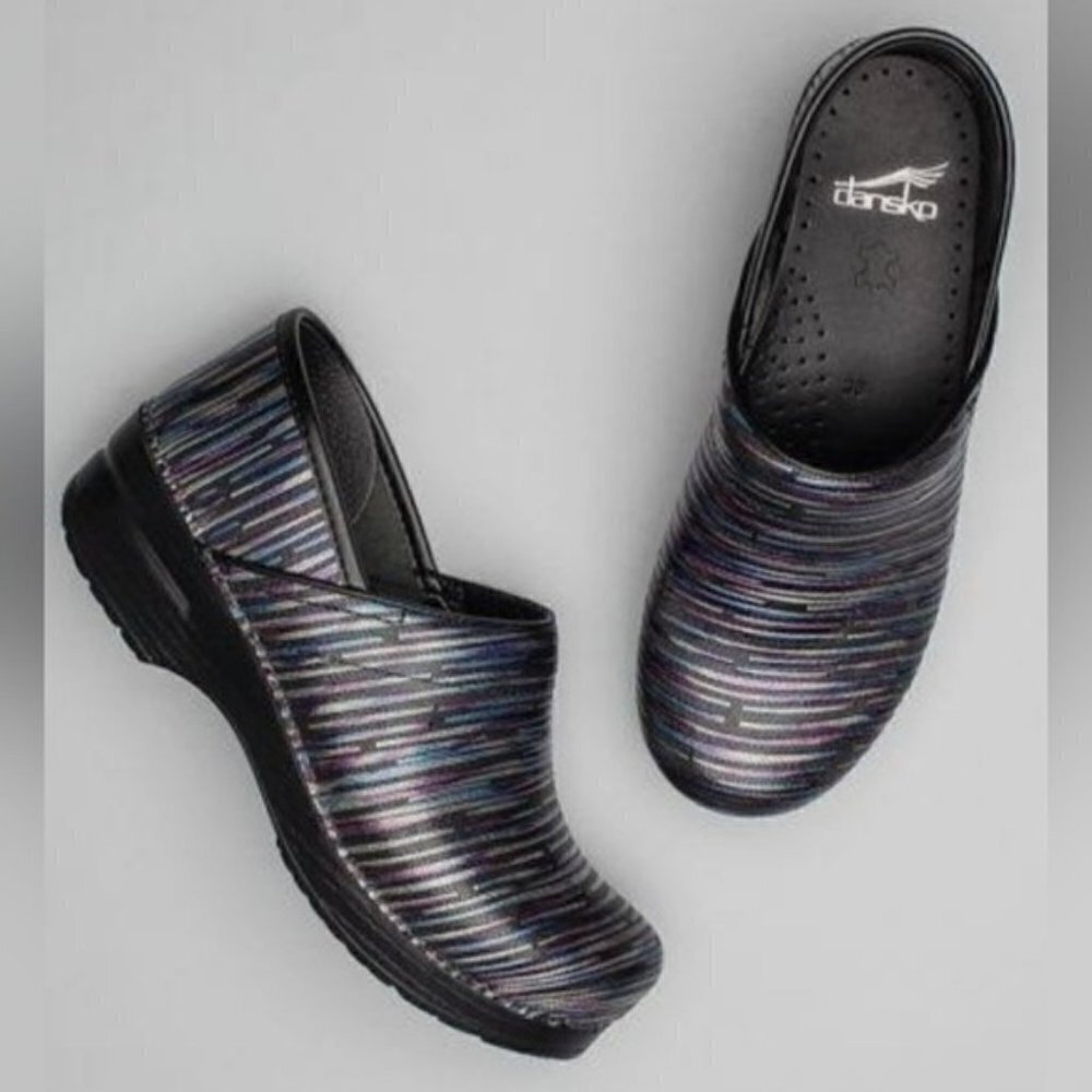 Dansko Professional Multi Twine Rainbow Blue Purple Silver Leather Nursing Clogs